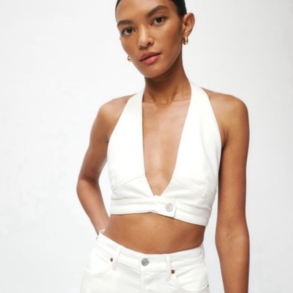 Reformation GiGi Denim Halter Crop Top  Size 8. Vintage White. - Picture 1 of 6